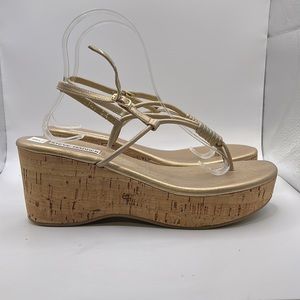 Steve Madden Minow Sandals Wedges Shoes Gold Tan Leather Womens Size 9 M